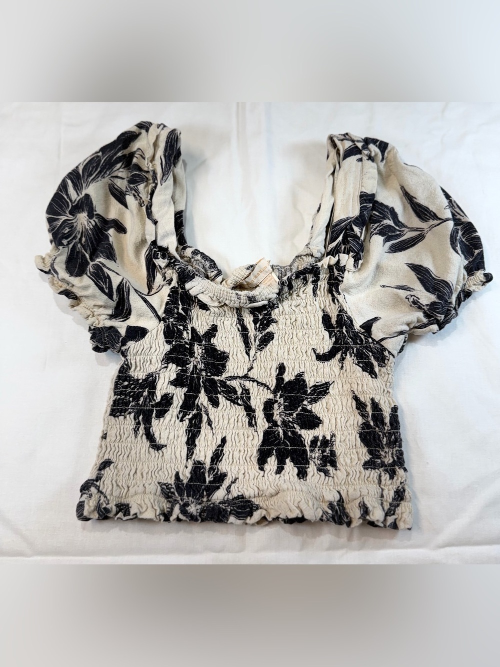Monteau Smocked Black Floral Crop Top in Cream
